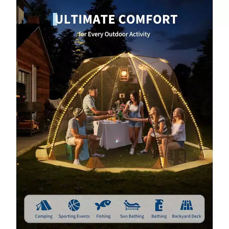 Tente bulle transparente tout temps, dôme transparent 3,6x3,6 m, imperméable et coupe-vent, montage rapide, capacité 6-10 personnes