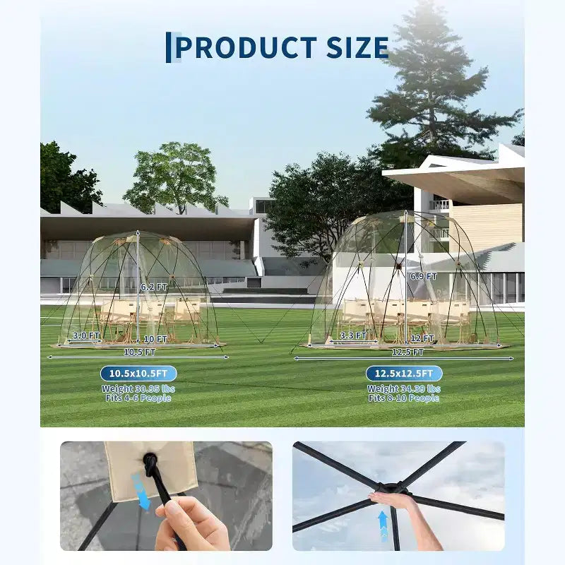 Tente bulle transparente tout temps, dôme transparent 3,6x3,6 m, imperméable et coupe-vent, montage rapide, capacité 6-10 personnes