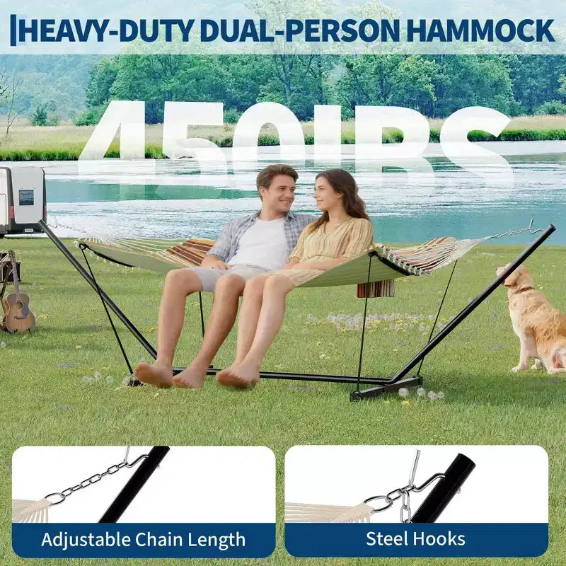 Hamac double avec support et oreiller - Transat d'extérieur portable 200 kg avec corde d'équilibre