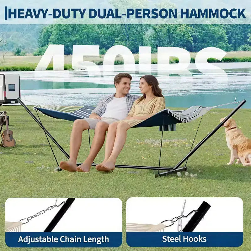 Hamac double avec support et oreiller - Transat d'extérieur portable 200 kg avec corde d'équilibre