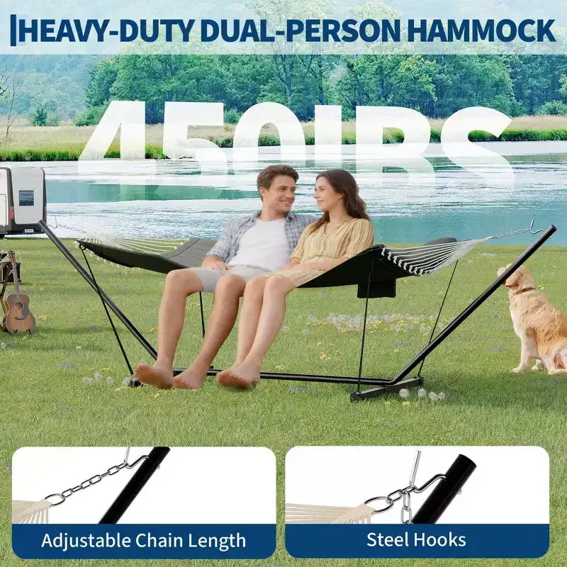 Hamac double avec support et oreiller - Transat d'extérieur portable 200 kg avec corde d'équilibre
