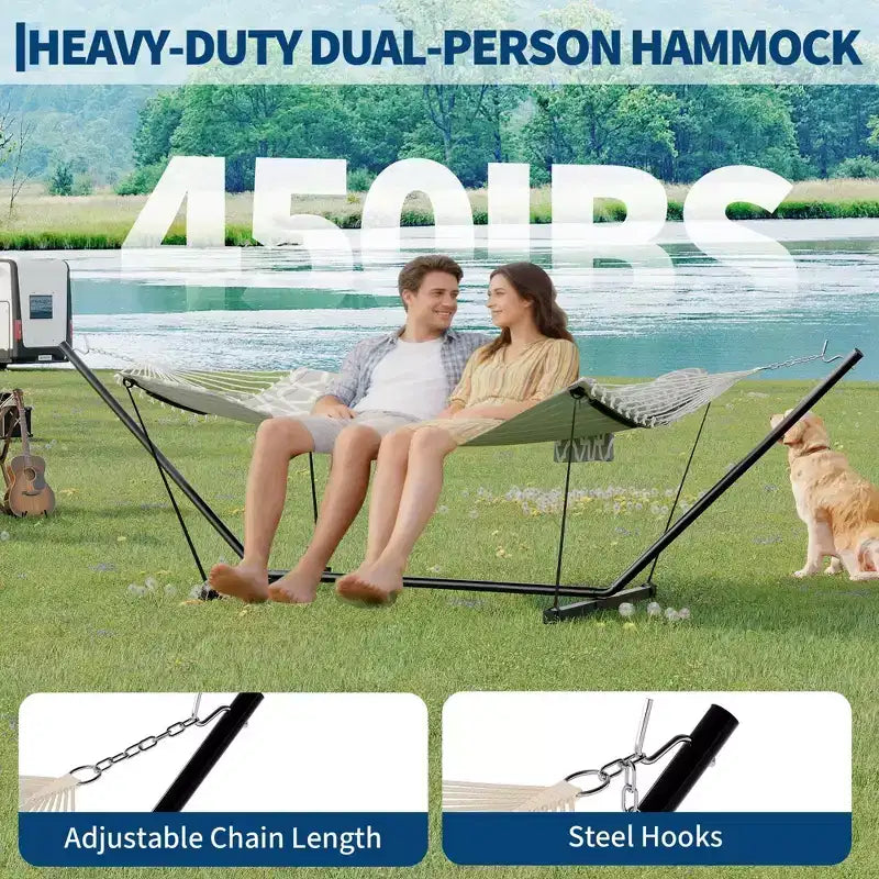 Hamac double avec support et oreiller - Transat d'extérieur portable 200 kg avec corde d'équilibre