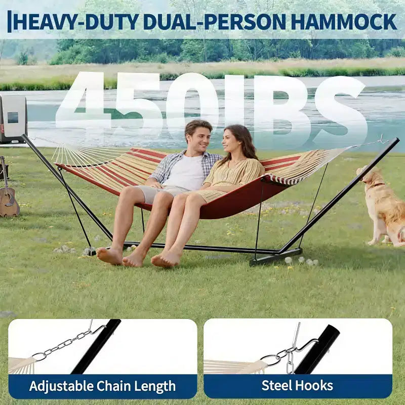 Hamac double avec support et oreiller - Transat d'extérieur portable 200 kg avec corde d'équilibre
