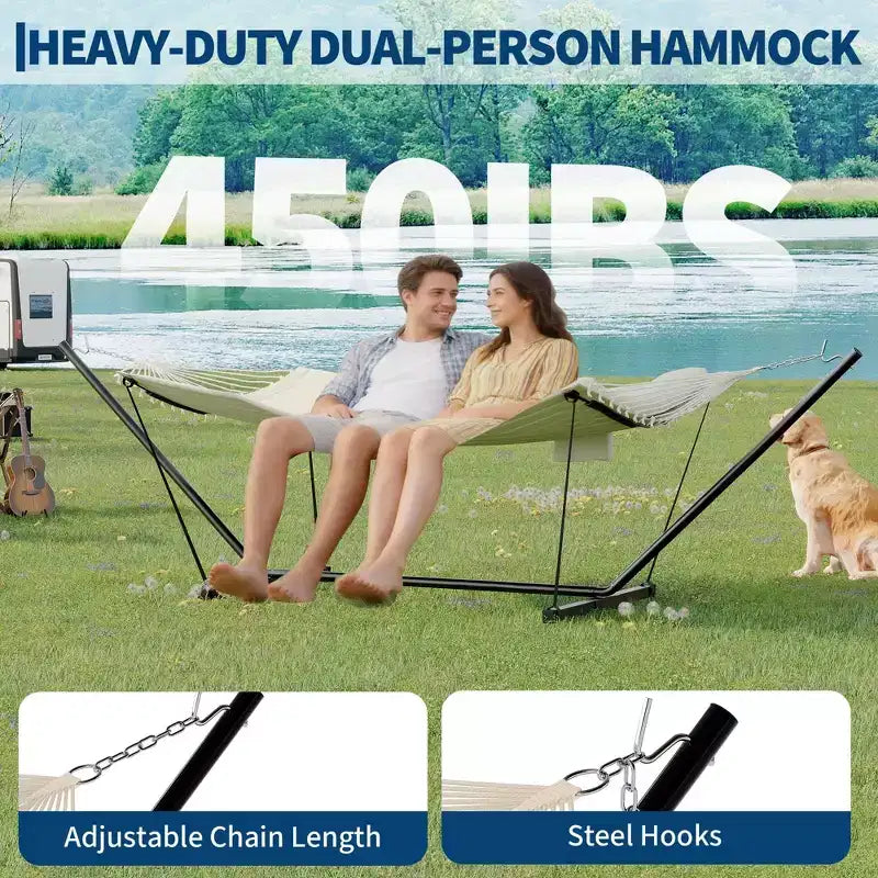 Hamac double avec support et oreiller - Transat d'extérieur portable 200 kg avec corde d'équilibre