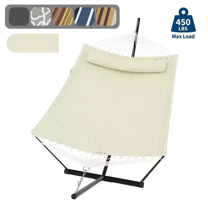 Double Hammock with Stand & Pillow - 450LBS Portable Outdoor Lounger with Balance Rope