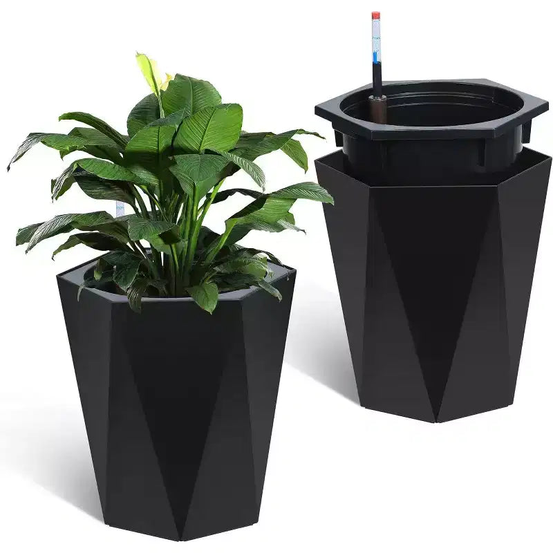 Set of 2 Tall Outdoor Planters, Large Planters for Outdoor Indoor Plants, Black Front Porch Planter Flower Tree Plant Pots with Built-in Drainage