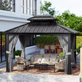 Outdoor Hardtop Gazebo 10x12 FT, Double Roof Heavy Duty Gazebo Aluminum Frame with Netting, Metal Canopy for Patio, Garden, Backyard, Poo