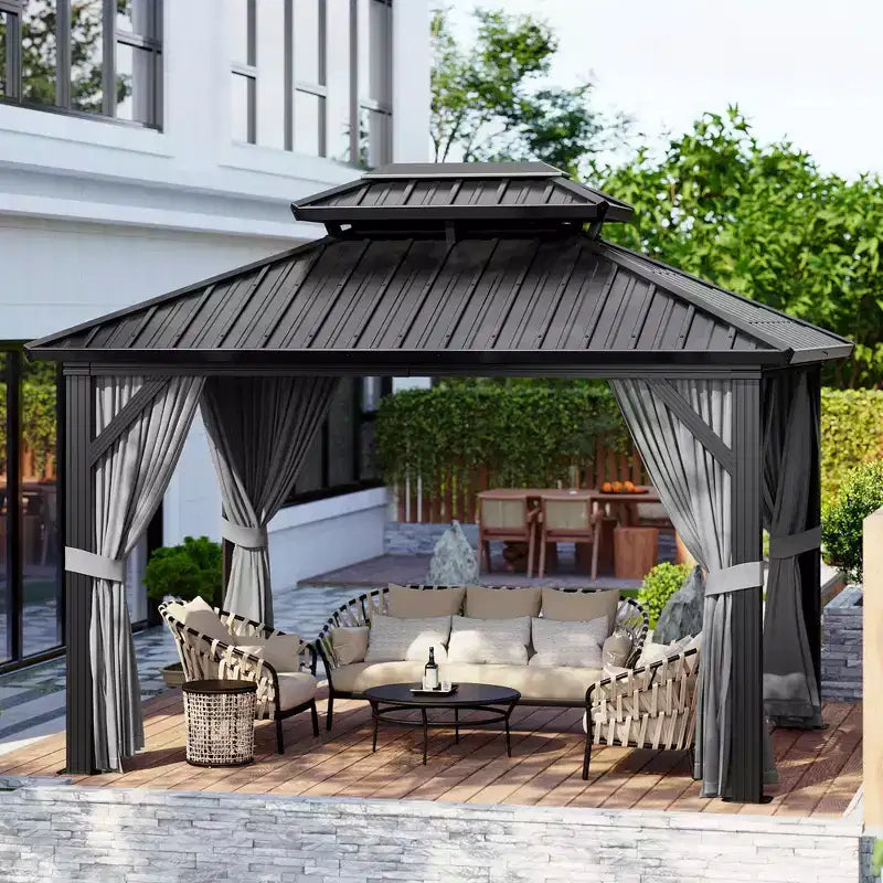 Outdoor Hardtop Gazebo 10x12 FT, Double Roof Heavy Duty Gazebo Aluminum Frame with Netting, Metal Canopy for Patio, Garden, Backyard, Poo