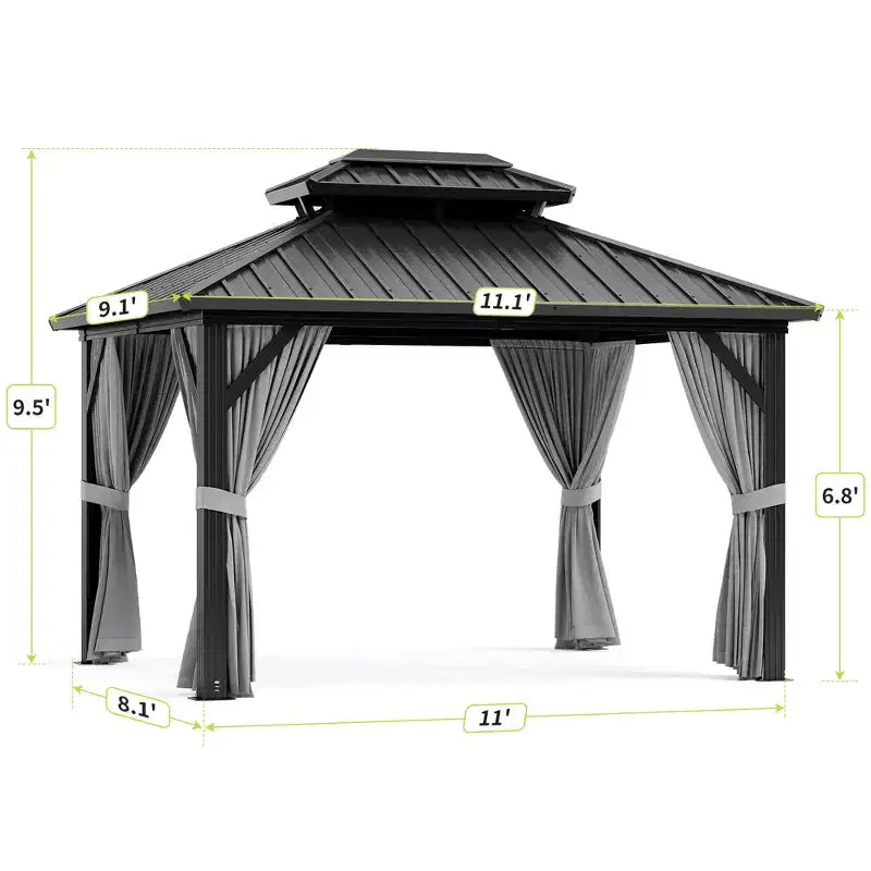 Tonnelle extérieure à toit rigide 3x3,6 m, tonnelle à double toit robuste avec moustiquaire, structure en aluminium, auvent en métal pour terrasse, jardin, arrière-cour, piscine.