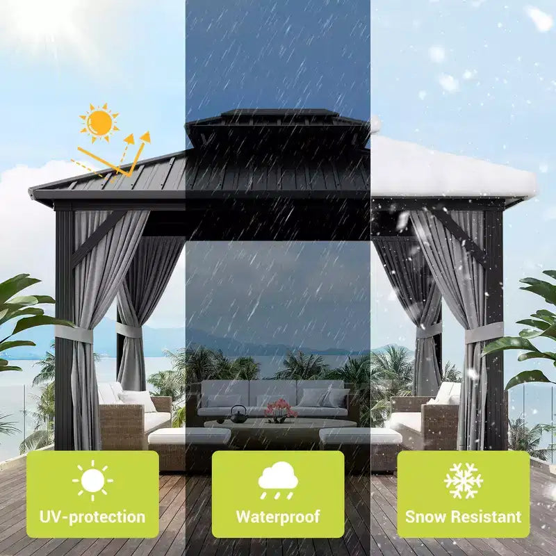 Tonnelle extérieure à toit rigide 3x3,6 m, tonnelle à double toit robuste avec moustiquaire, structure en aluminium, auvent en métal pour terrasse, jardin, arrière-cour, piscine.