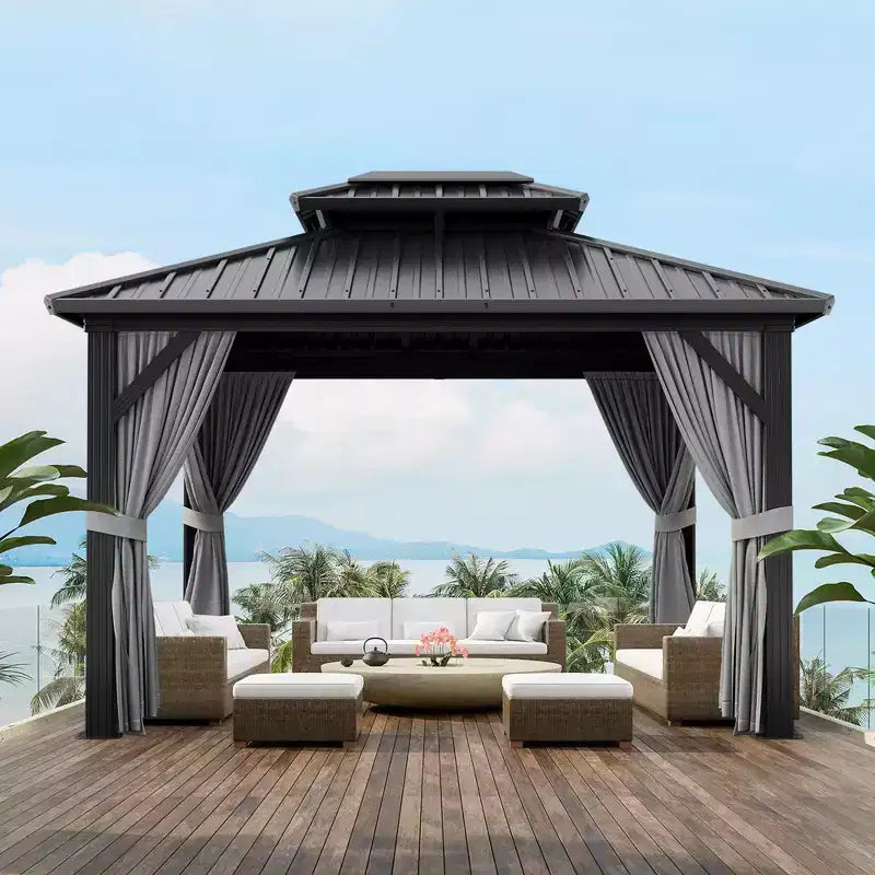 Tonnelle extérieure à toit rigide 3x3,6 m, tonnelle à double toit robuste avec moustiquaire, structure en aluminium, auvent en métal pour terrasse, jardin, arrière-cour, piscine.