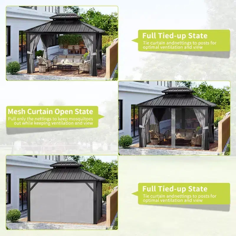 Tonnelle extérieure à toit rigide 3x3,6 m, tonnelle à double toit robuste avec moustiquaire, structure en aluminium, auvent en métal pour terrasse, jardin, arrière-cour, piscine.