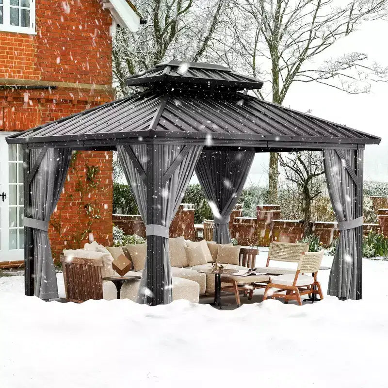 Tonnelle extérieure à toit rigide 3x3,6 m, tonnelle à double toit robuste avec moustiquaire, structure en aluminium, auvent en métal pour terrasse, jardin, arrière-cour, piscine.
