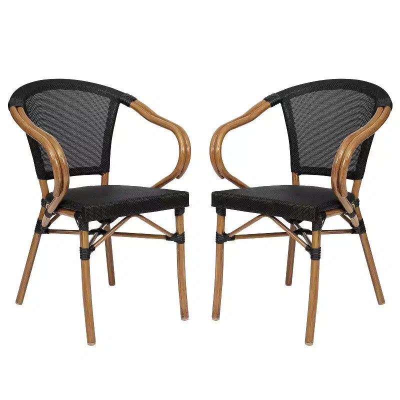 Flash Furniture 2 Pack Marseille Indoor/Outdoor Commercial Bistro Stacking Chair with Arms, Textilene and Bamboo Print Aluminum Frame