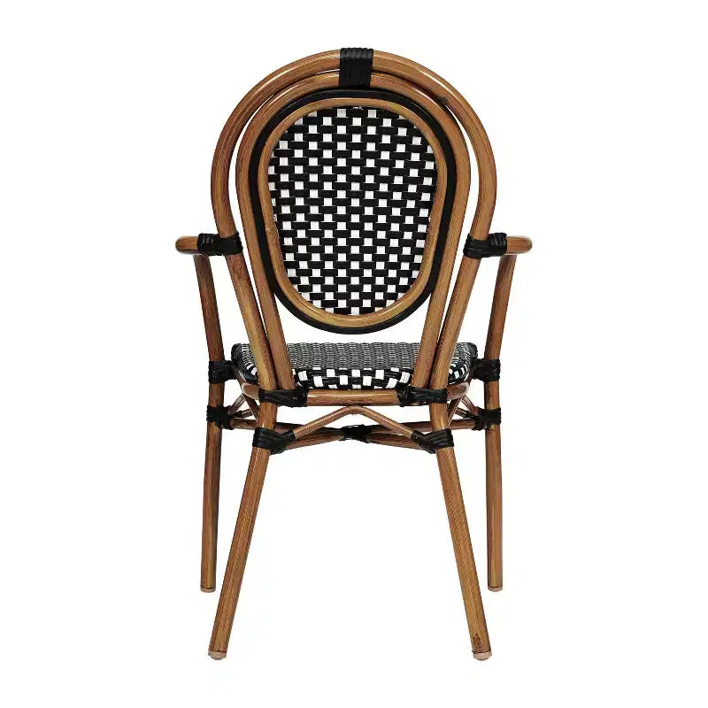 Chaise bistrot empilable professionnelle avec accoudoirs, en rotin PE et aluminium, pour l'intérieur et l'extérieur