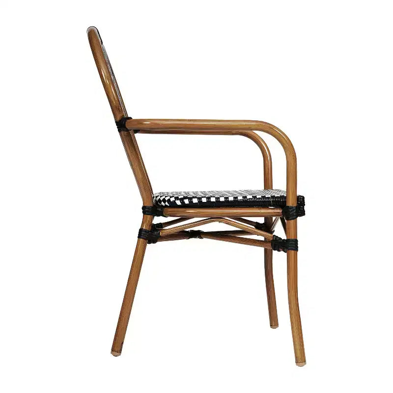 Chaise bistrot empilable professionnelle avec accoudoirs, en rotin PE et aluminium, pour l'intérieur et l'extérieur