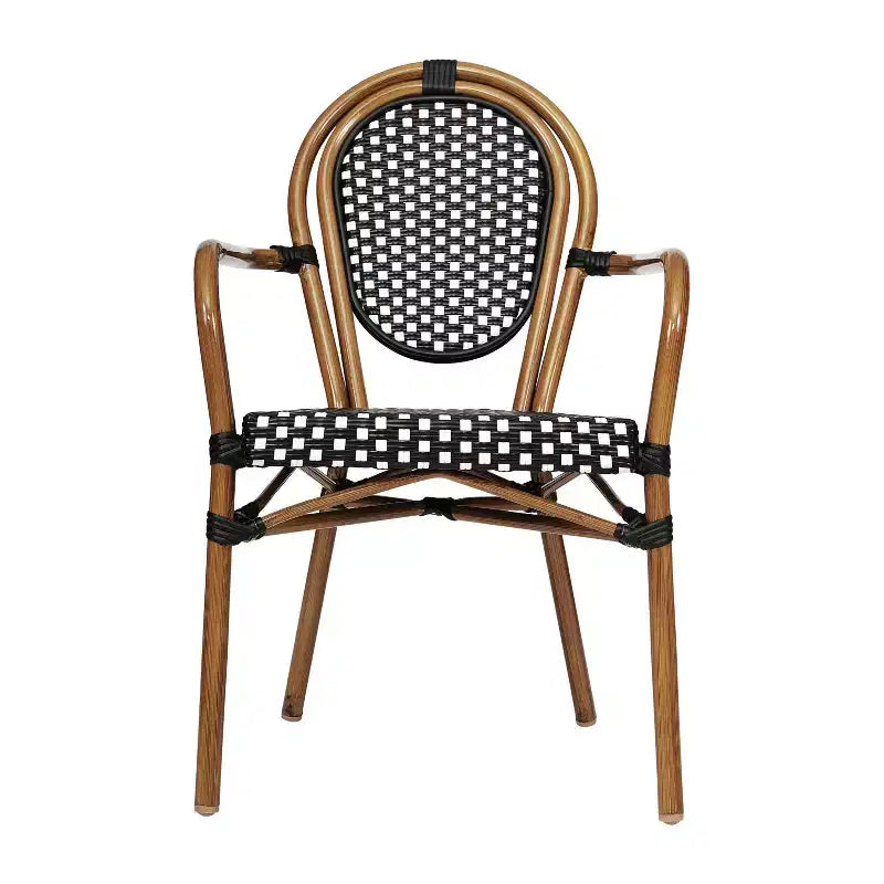 Chaise bistrot empilable professionnelle avec accoudoirs, en rotin PE et aluminium, pour l'intérieur et l'extérieur