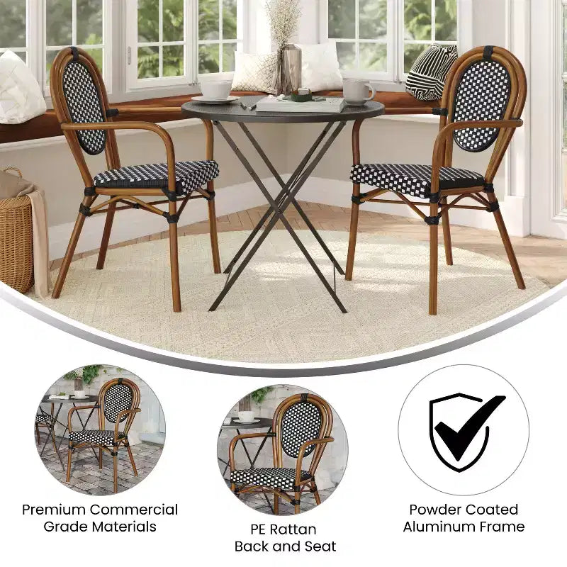 Chaise bistrot empilable professionnelle avec accoudoirs, en rotin PE et aluminium, pour l'intérieur et l'extérieur