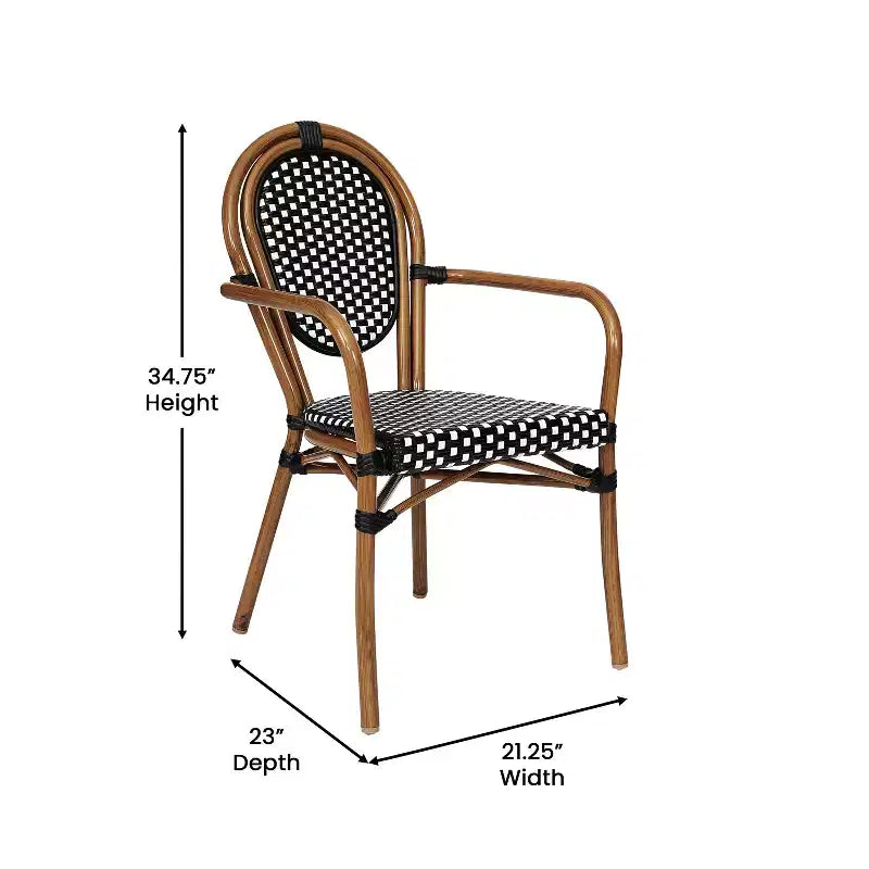 Chaise bistrot empilable professionnelle avec accoudoirs, en rotin PE et aluminium, pour l'intérieur et l'extérieur