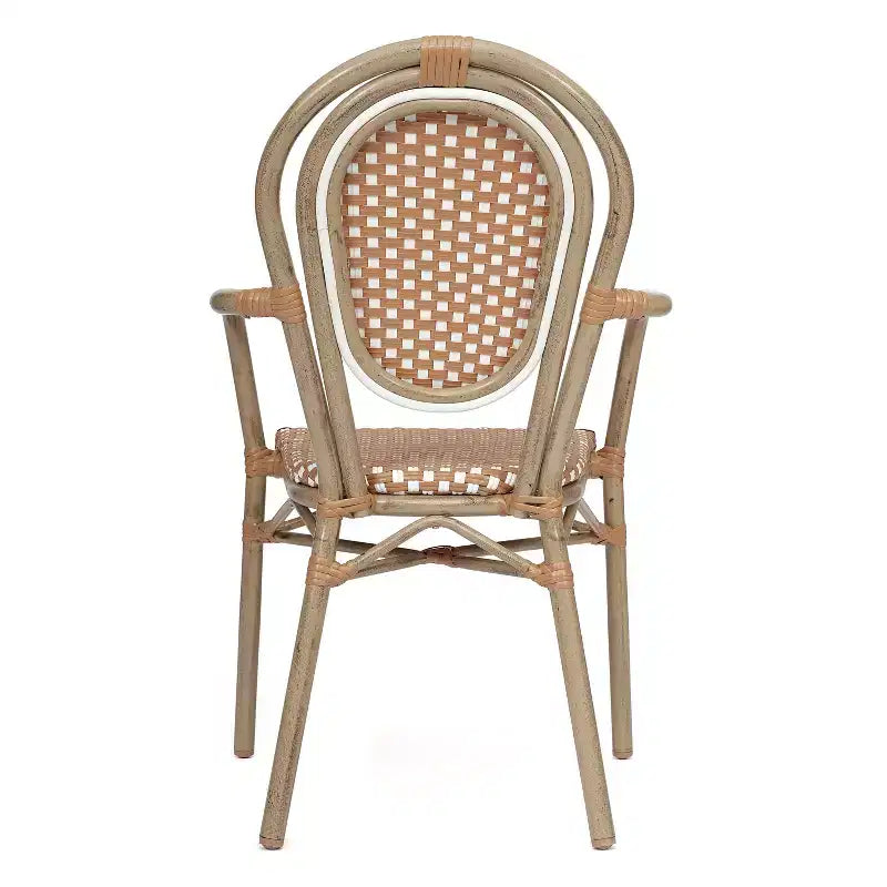 Chaise bistrot empilable professionnelle avec accoudoirs, en rotin PE et aluminium, pour l'intérieur et l'extérieur