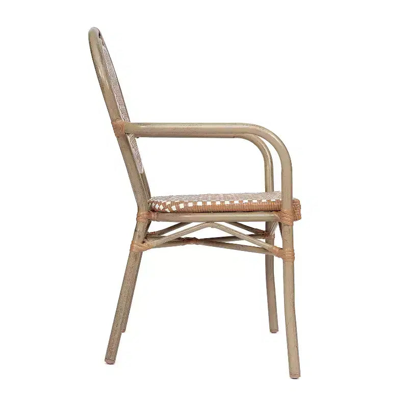 Chaise bistrot empilable professionnelle avec accoudoirs, en rotin PE et aluminium, pour l'intérieur et l'extérieur