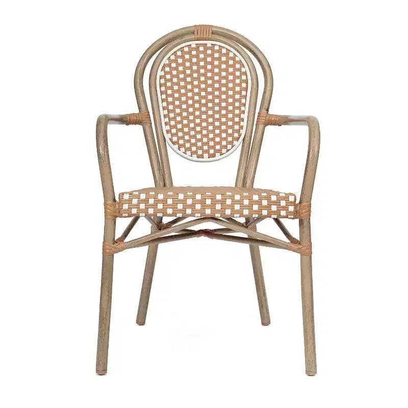 Chaise bistrot empilable professionnelle avec accoudoirs, en rotin PE et aluminium, pour l'intérieur et l'extérieur