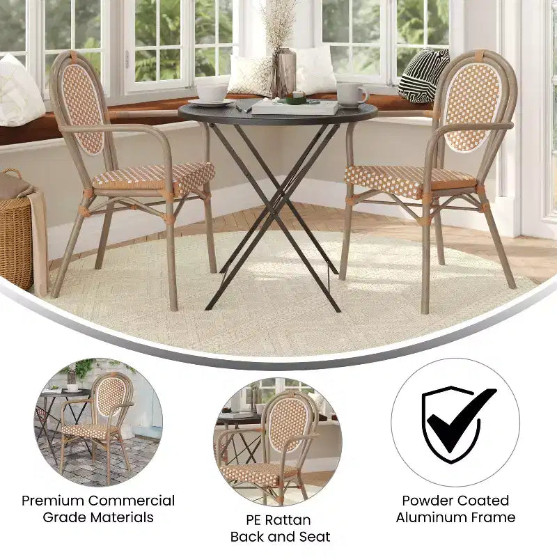 Chaise bistrot empilable professionnelle avec accoudoirs, en rotin PE et aluminium, pour l'intérieur et l'extérieur