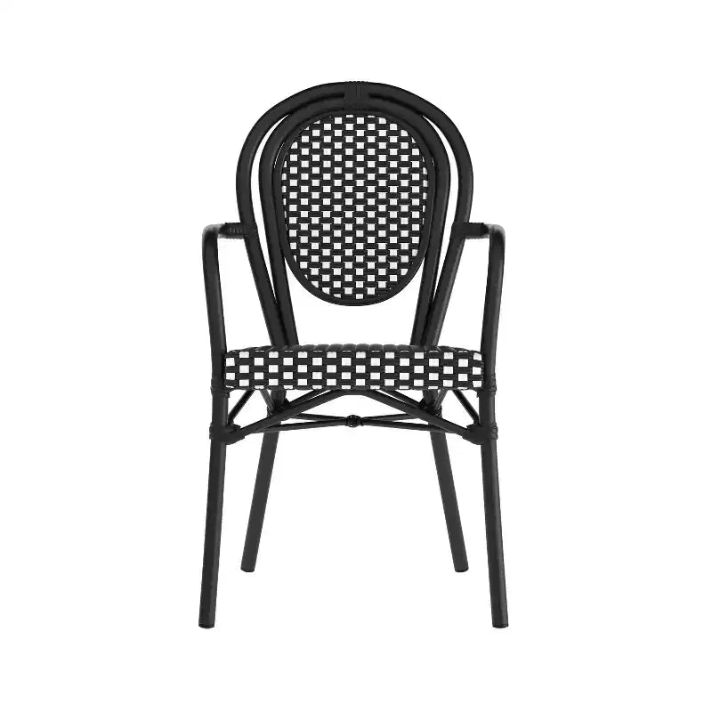 Chaise bistrot empilable professionnelle avec accoudoirs, en rotin PE et aluminium, pour l'intérieur et l'extérieur