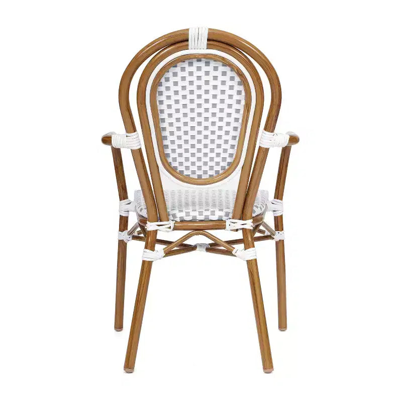 Chaise bistrot empilable professionnelle avec accoudoirs, en rotin PE et aluminium, pour l'intérieur et l'extérieur