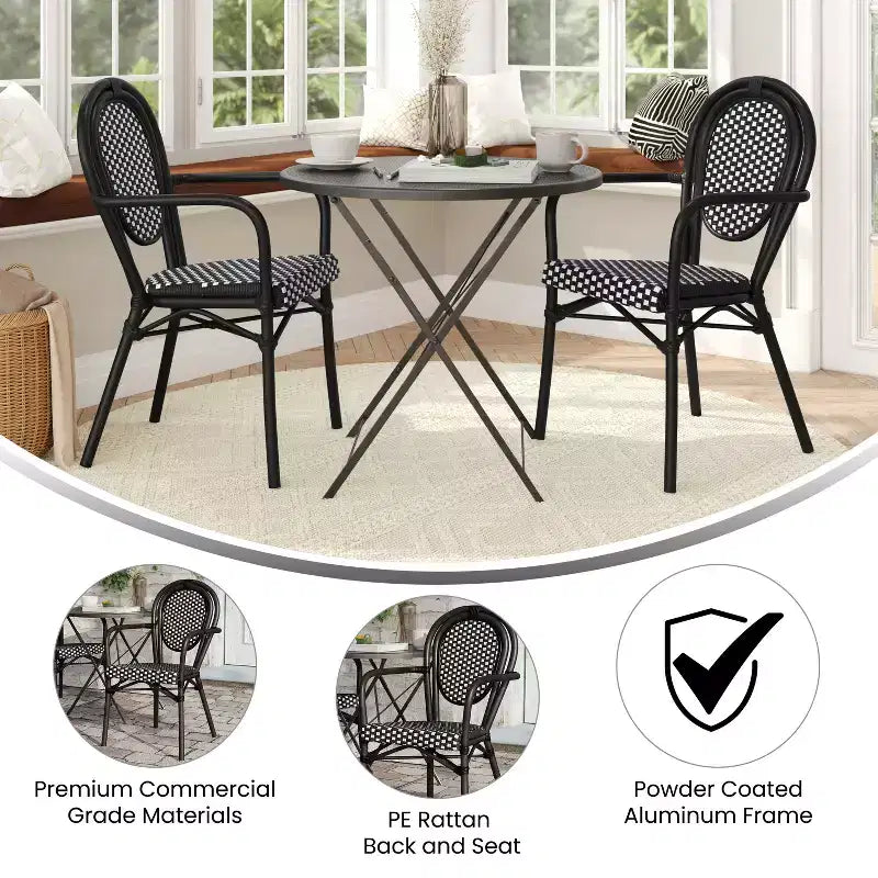 Chaise bistrot empilable professionnelle avec accoudoirs, en rotin PE et aluminium, pour l'intérieur et l'extérieur