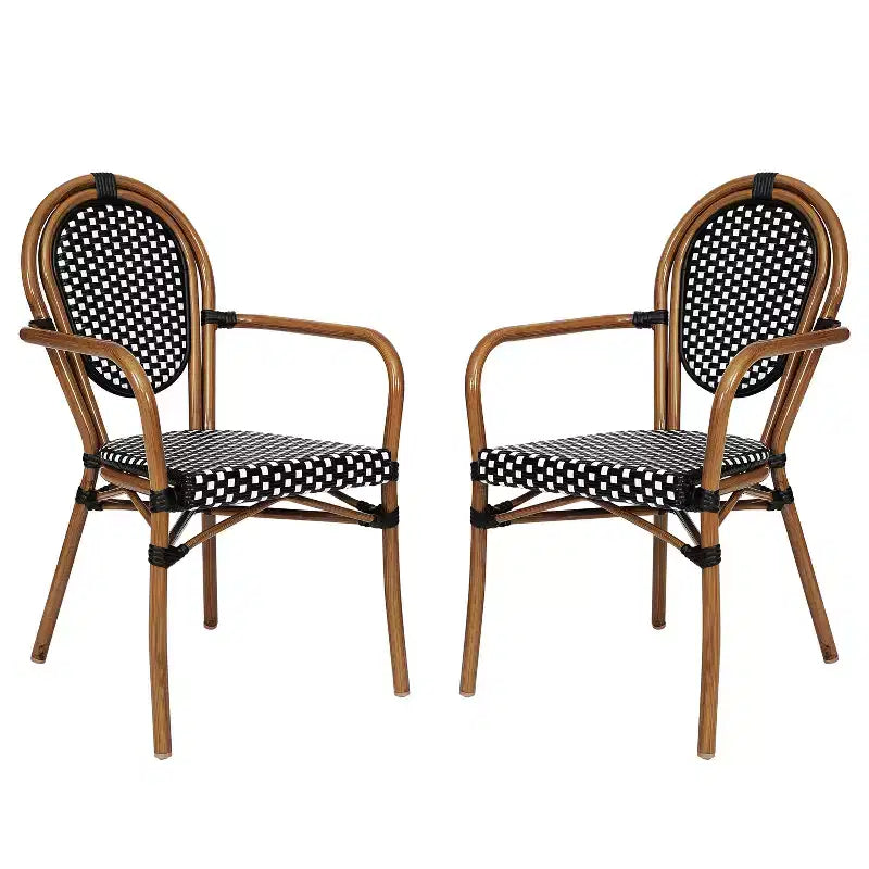 Flash Furniture 2 Pack Lourdes Indoor/Outdoor Commercial Thonet Bistro Stacking Chair with Arms, PE Rattan and Aluminum Frame