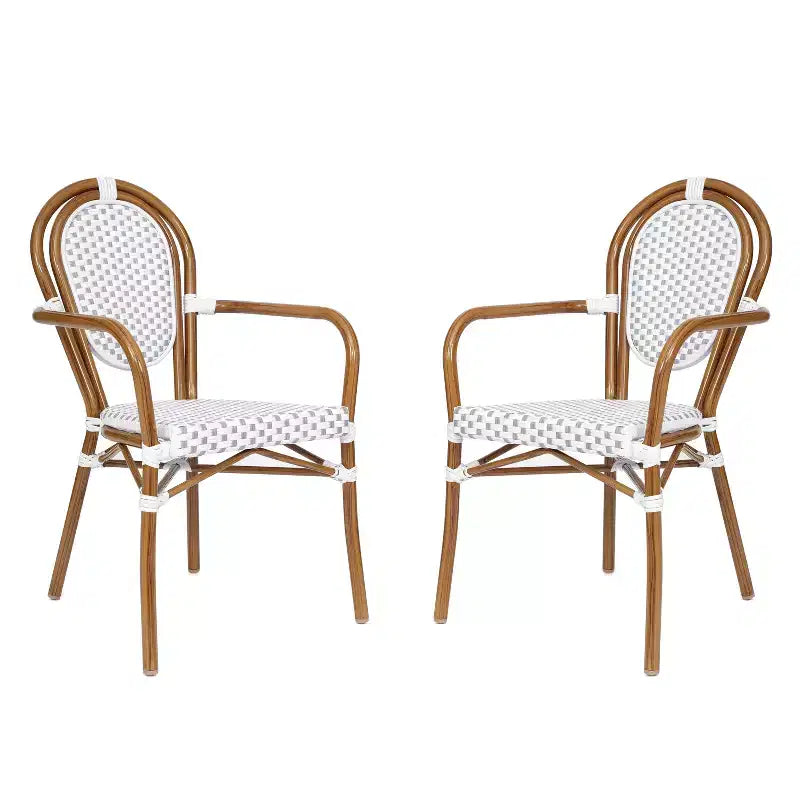 Chaise bistrot empilable professionnelle avec accoudoirs, en rotin PE et aluminium, pour l'intérieur et l'extérieur