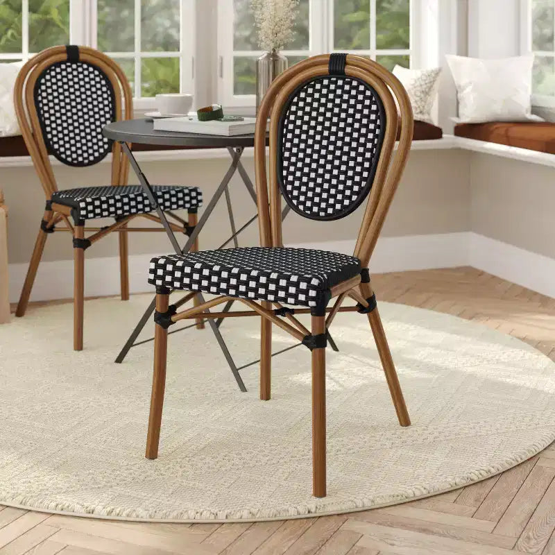 Chaise bistrot empilable commerciale intérieur/extérieur, rotin PE et cadre en aluminium
