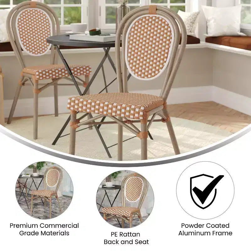 Chaise bistrot empilable commerciale intérieur/extérieur, rotin PE et cadre en aluminium