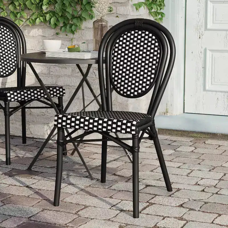Chaise bistrot empilable commerciale intérieur/extérieur, rotin PE et cadre en aluminium