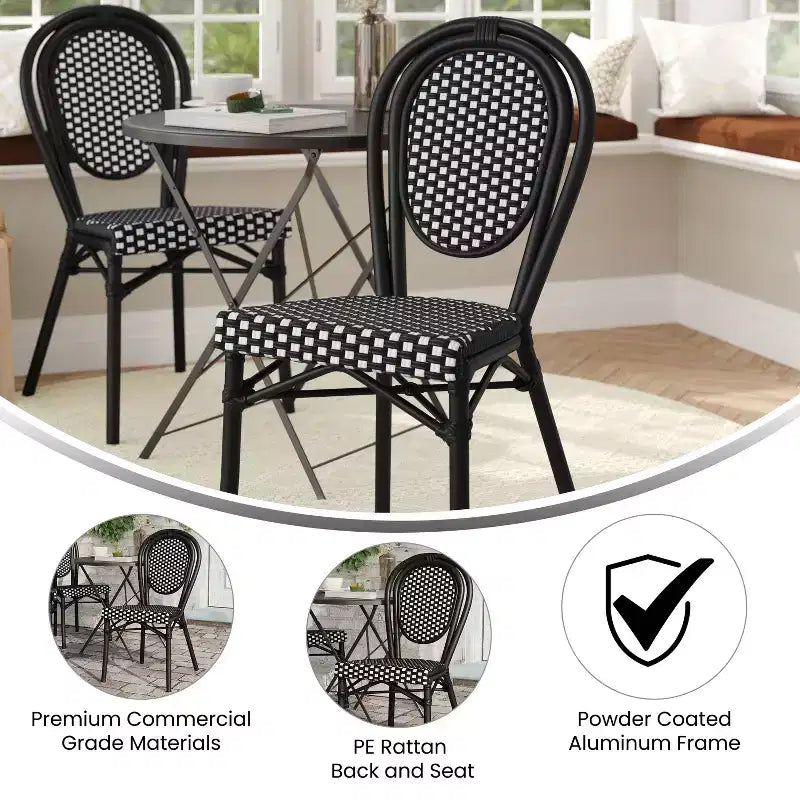 Chaise bistrot empilable commerciale intérieur/extérieur, rotin PE et cadre en aluminium