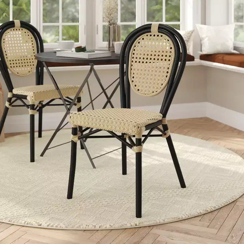 Chaise bistro empilable commerciale intérieur/extérieur, rotin synthétique et cadre en aluminium
