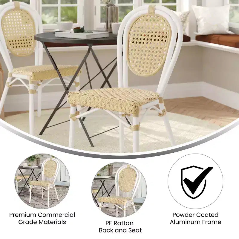 Chaise bistro empilable commerciale intérieur/extérieur, rotin synthétique et cadre en aluminium