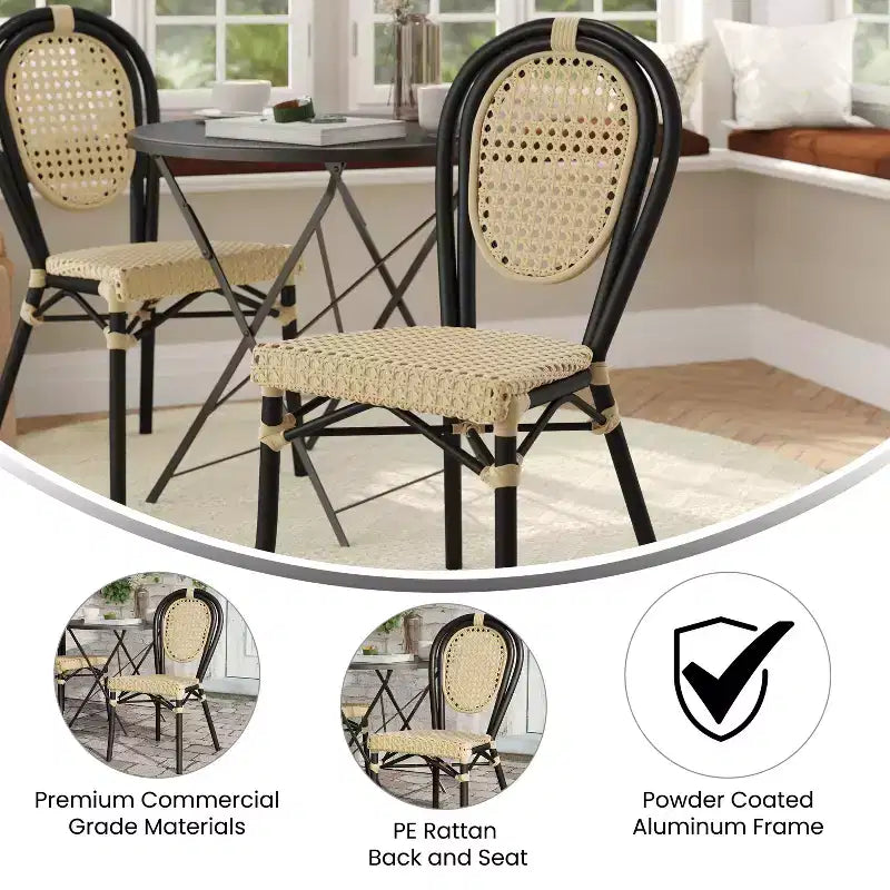 Chaise bistro empilable commerciale intérieur/extérieur, rotin synthétique et cadre en aluminium