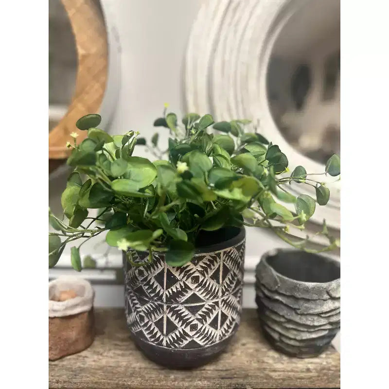 Jardinière décorative en ciment avec motifs aborigènes noirs