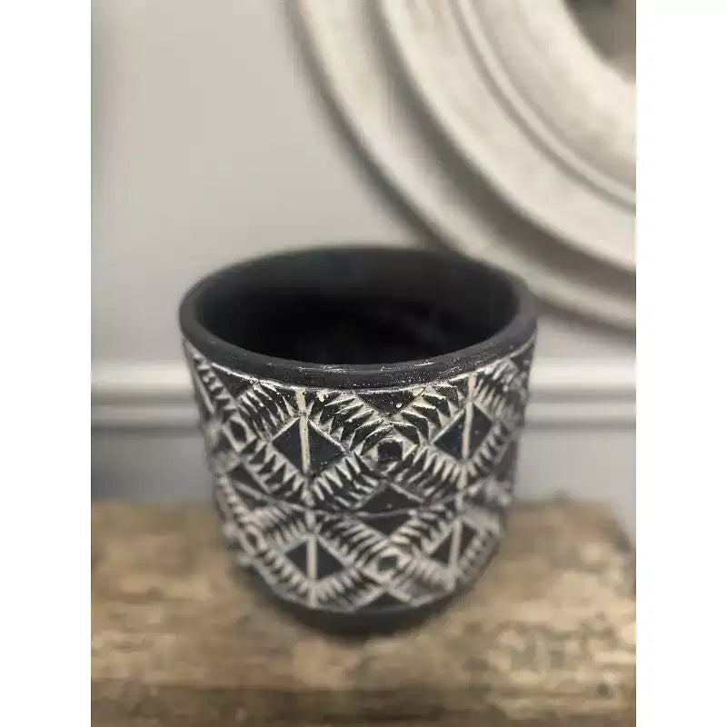 Jardinière décorative en ciment avec motifs aborigènes noirs
