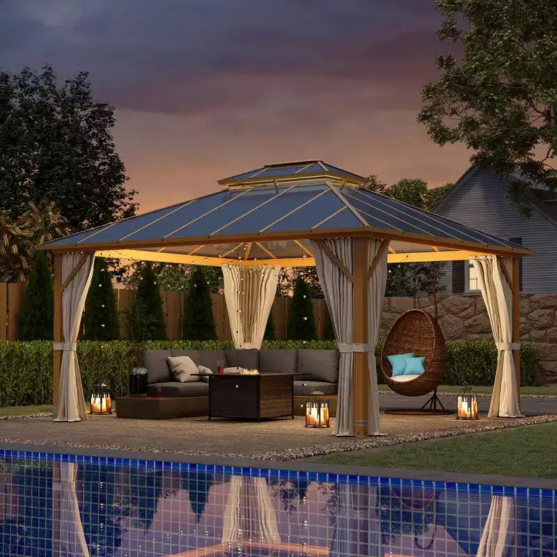 Gazebo à toit rigide 12x14 pieds avec toit en composite d'aluminium double pour terrasse