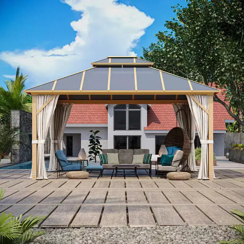 Gazebo à toit rigide 12x14 pieds avec toit en composite d'aluminium double pour terrasse