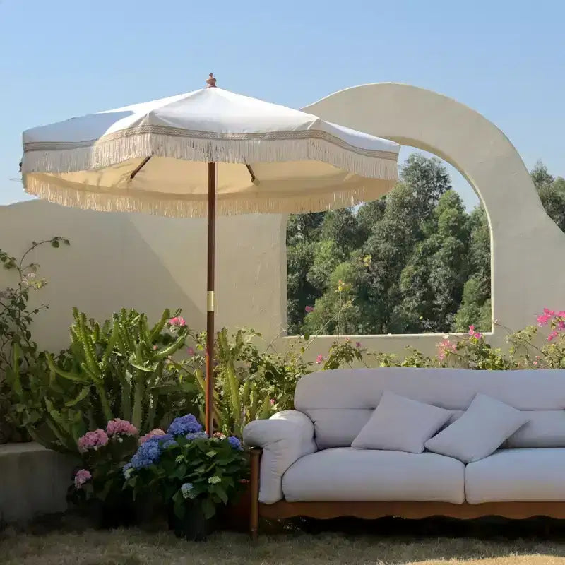 7 Ft Fringe Umbrella Replacement Canopy Top Cover Boho Outdoor Garden,Beige with Tassels