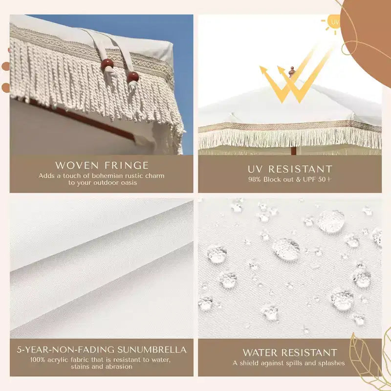 Auvent de rechange pour parasol de jardin d'extérieur bohème avec franges de 2,13 m, beige avec pompons