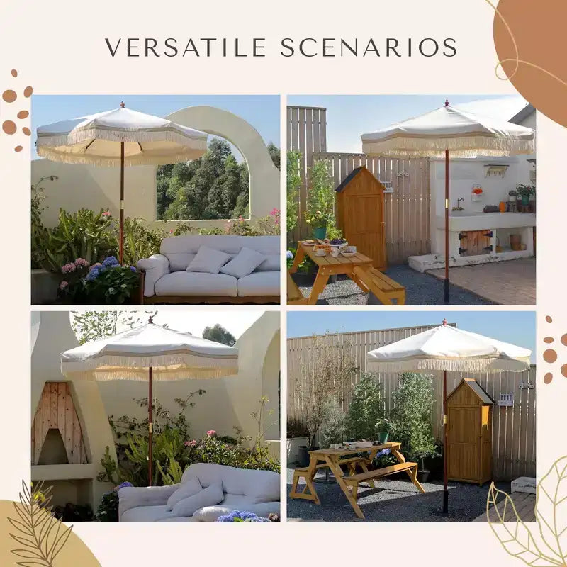 Auvent de rechange pour parasol de jardin d'extérieur bohème avec franges de 2,13 m, beige avec pompons